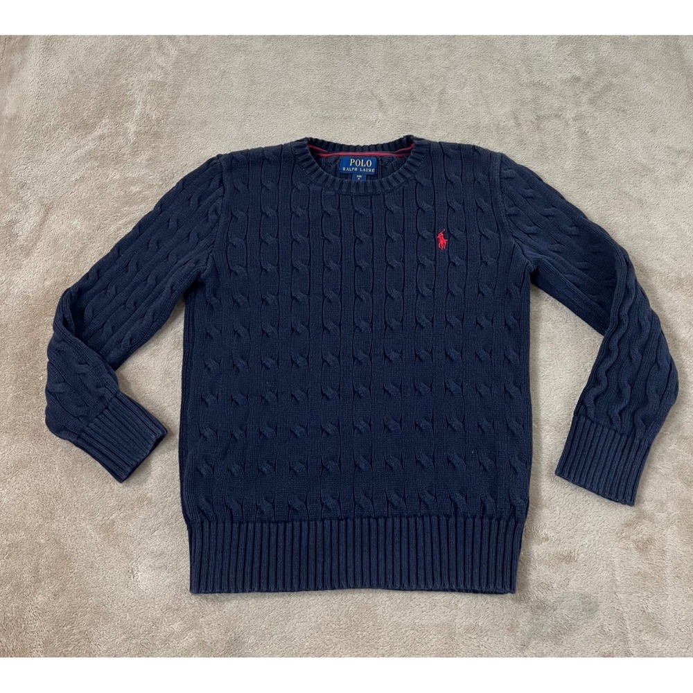 Polo Ralph Lauren Boys S 8 Navy Blue Cable Knit Crew Neck Sweater Red Pony Logo